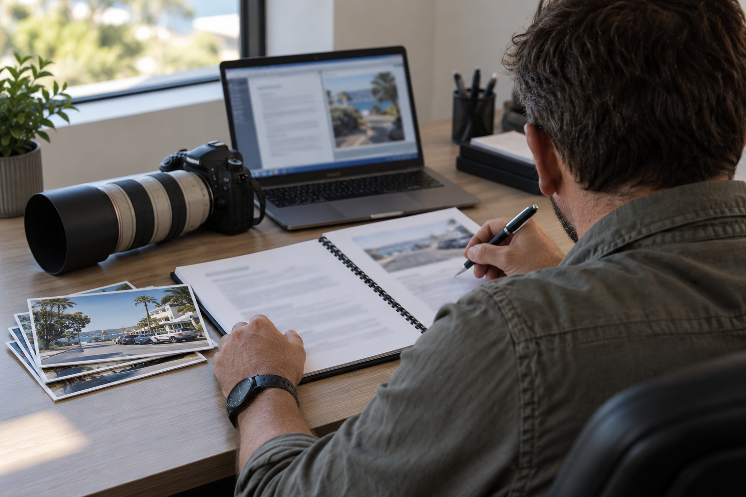 Private investigator reviewing a written report and surveillance photographs at a desk in Northern Rivers NSW